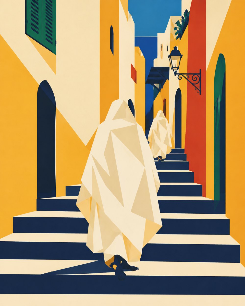 Illustration géométrique : femme en haïk blanc de dos dans un escalier de la Casbah d'Alger