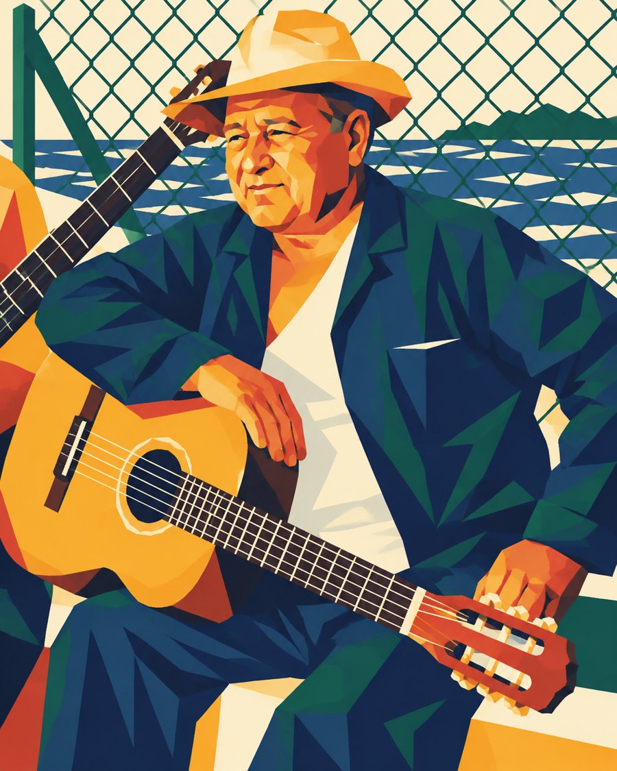Illustration géométrique : Mohamed El Badji, chanteur de chaâbi, assis avec sa guitare